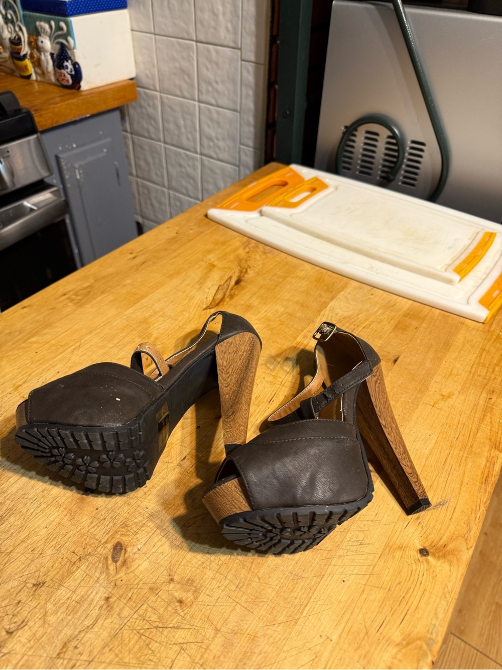 Qupid Brown Platform Heels with Wood-Look Block Heel